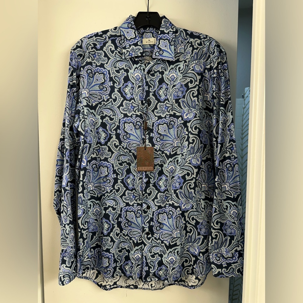 NWT $550 Etro Men’s Blue Paisley Printed Shirt Cotton made in Italy 39 medium